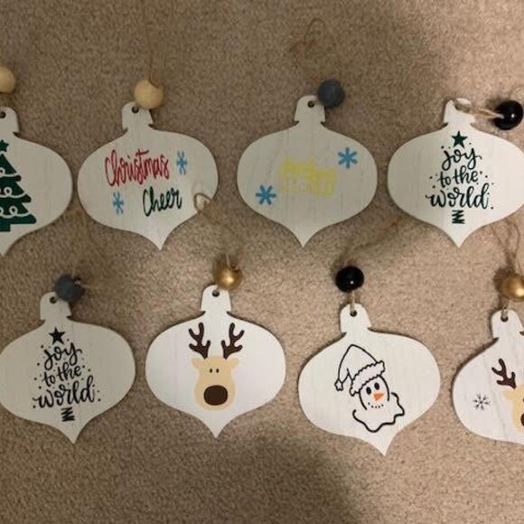 Eight Tree Ornaments Reversible Christmas Wood - Picture 1 of 2